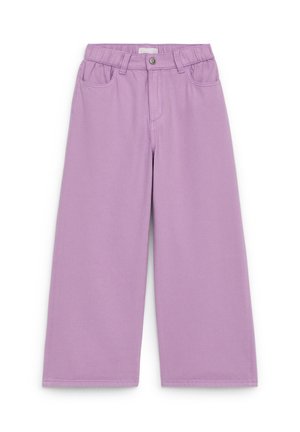 Pantalon lavande à jambes larges avec taille élastique, passants pour ceinture, poches avant et fermeture par bouton métallique.
