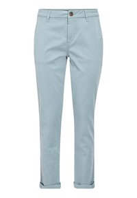 Světlé modré úzké chinos kalhoty s ohrnutými manžetami, poutky na pásek, předním knoflíkem a zipovým zapínáním.