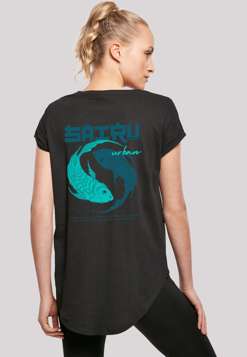 Black t-shirt featuring teal fish graphics and text on the back, short sleeves, curved hem, and relaxed fit.