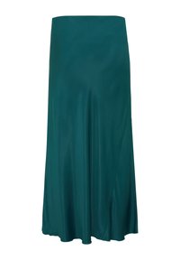 Turkusowa satynowa spódnica o płynnej formie i długości do kolan, z subtelnym detalem w formie zakładki z boku, który dodaje tekstury.