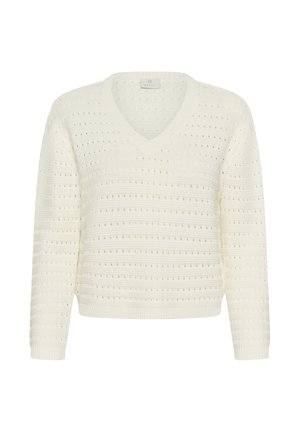 Balts adīts džemperis ar V veida izgriezumu un perforētu horizontālu svītru rakstu, garām piedurknēm un ribveida aprocēm un apakšmalu.