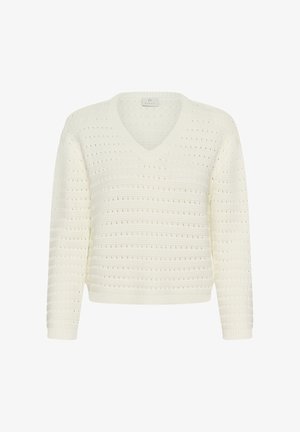 Balts adīts džemperis ar V veida izgriezumu un perforētu horizontālu svītru rakstu, garām piedurknēm un ribveida aprocēm un apakšmalu.