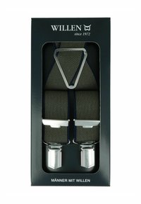 Verstellbare Hosenträger aus olivgrünem Stoff mit marineblauen Akzenten, ausgestattet mit silbernem Metallzubehör und Clipverschlüssen, präsentiert in einer schwarzen Box.