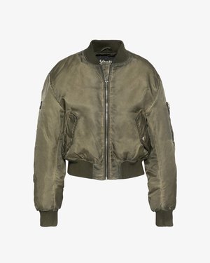 Olivgrüne, kurz geschnittene Bomberjacke mit Frontreißverschluss, gerippten Bündchen und Saum, schrägen Klappentaschen und Reißverschlusstasche am Ärmel.