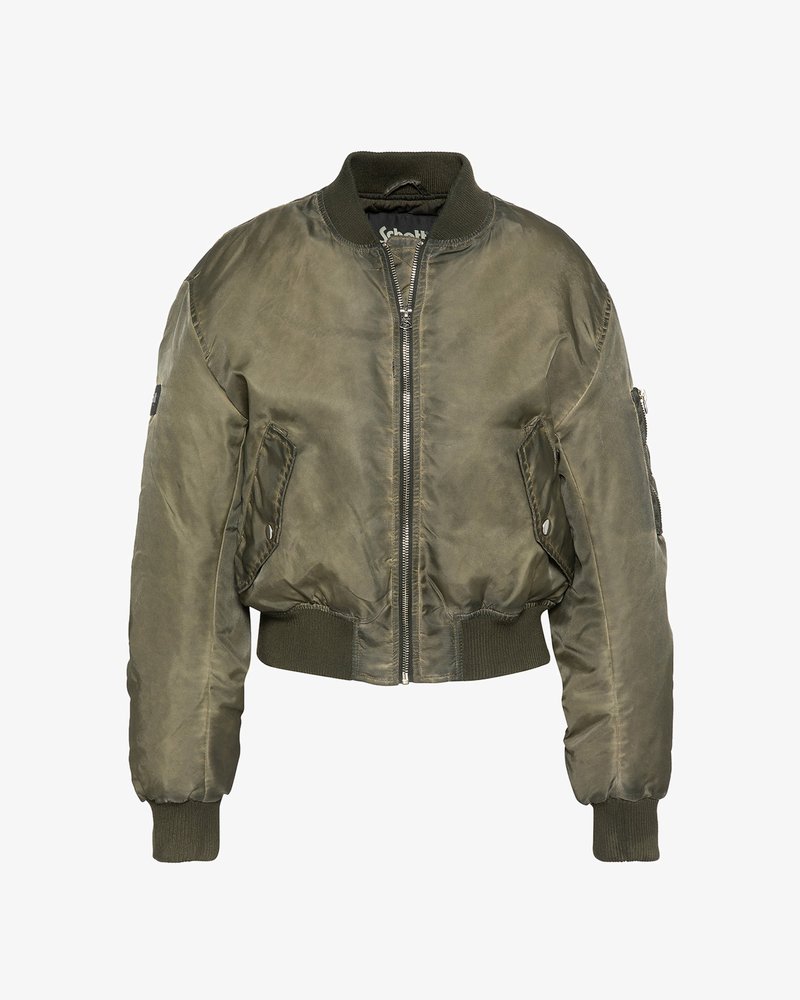 Giacca bomber corta verde oliva con zip frontale, polsini e orlo a coste, tasche a pattina inclinate e tasca con zip sulla manica.