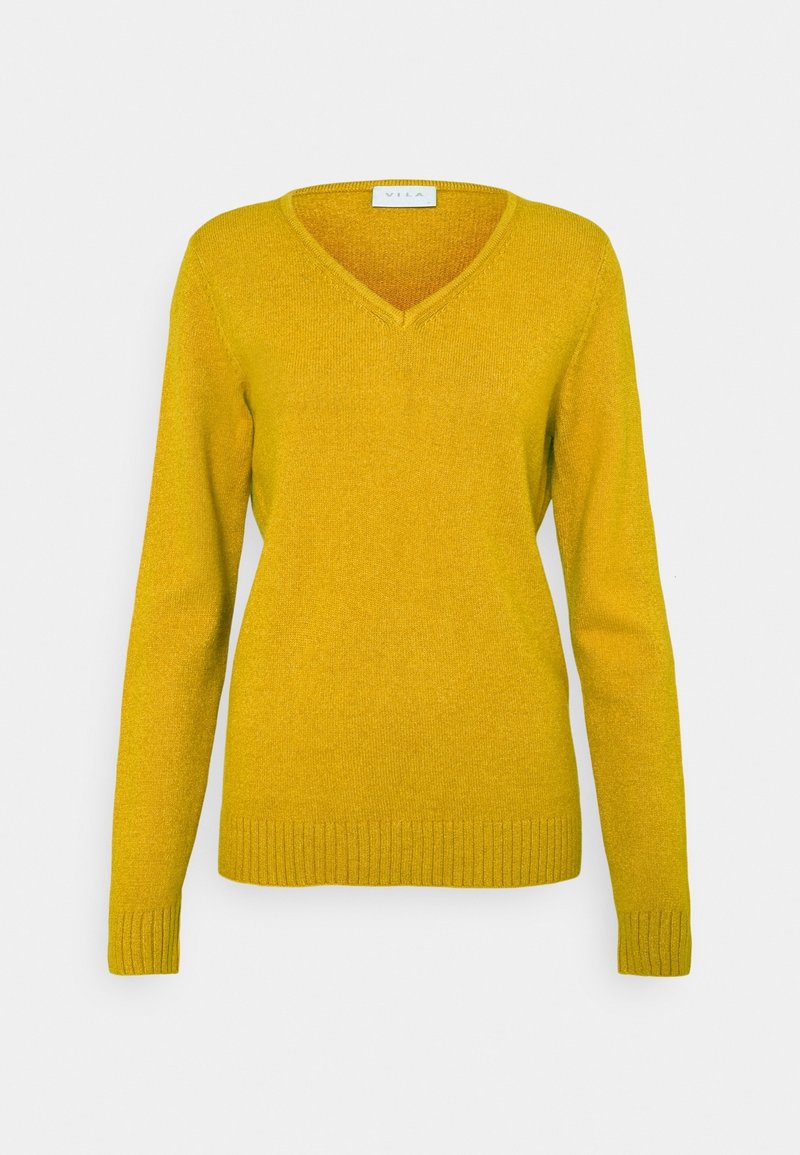 Gul stickad tröja med V-ringning, långa ärmar, ribbat avslut längst ner och vid ärmsluten. Mjuk textur, något figurnära passform.