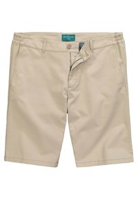 Beige shorts van een katoenmix met een elastische tailleband, knoopsluiting aan de voorkant en zijzakken. Gladde textuur, knielange ontwerp.