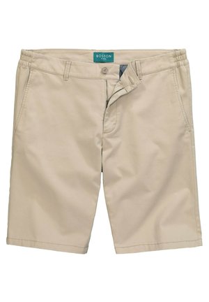Beige shorts van een katoenmix met een elastische tailleband, knoopsluiting aan de voorkant en zijzakken. Gladde textuur, knielange ontwerp.