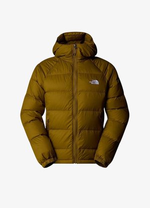 Insulated, zip-up jacket in olive green, with a hood, horizontal stitching, elastic cuffs, and a logo on the upper left chest.