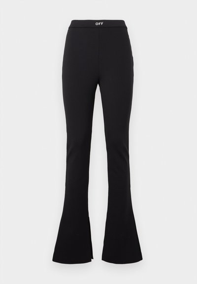 Mustat bootcut-housut joustavasta materiaalista, joissa on sopiva vyötärö, jossa on "OFF"-logo, ja huomaamaton halkio helman kohdalla.