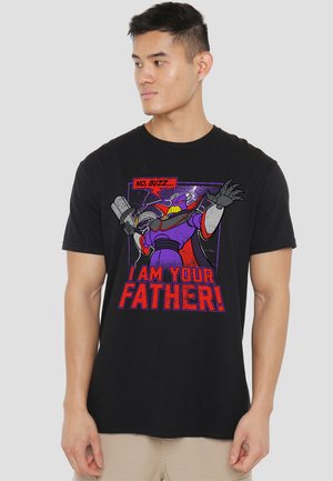 Black cotton t-shirt featuring a colorful graphic of a character in purple and gray attire, with text "NO BUZZ... I AM YOUR FATHER!" in red.