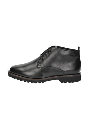 Black leather ankle boot with lace-up front, textured sole, and pull tab at heel, shown from the outer side.