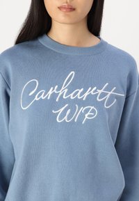 Blue sweatshirt made of soft fabric, featuring a white embroidered "Carhartt WIP" logo across the chest. Classic crew neckline and relaxed fit.
