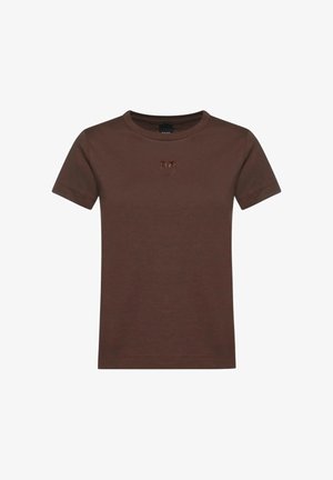 Bruin T-shirt met korte mouwen en ronde hals, met een klein geborduurd embleem van twee vogels die elkaar aankijken boven een ring in het midden van de borst.