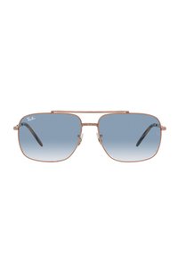 Occhiali da sole Ray-Ban con forma rettangolare, montatura in metallo color oro rosa e lenti blu sfumate. Stanghette sottili con cerniere a bassa tensione.