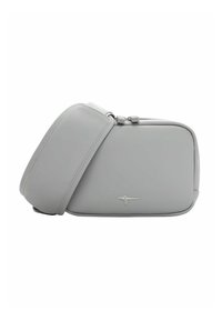 Hall nahast õlakott ristkülikukujulise vormiga, sileda tekstuuri, õhukese disaini ja eesmisel küljel lihtsa logoga.