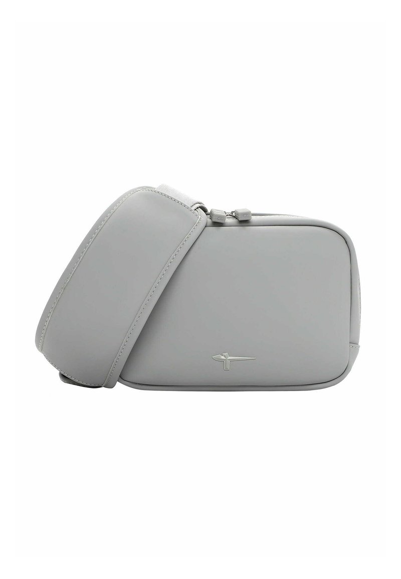 Hall nahast õlakott ristkülikukujulise vormiga, sileda tekstuuri, õhukese disaini ja eesmisel küljel lihtsa logoga.