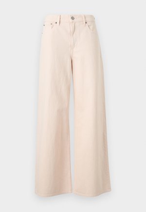 Παντελόνι τζιν σε ανοιχτό ροζ χρώμα, με ψηλή μέση και φαρδιά πόδια, μπροστινό κούμπωμα με κουμπιά και φερμουάρ, θηλιές για ζώνη και κλασικό σχεδιασμό με πέντε τσέπες.