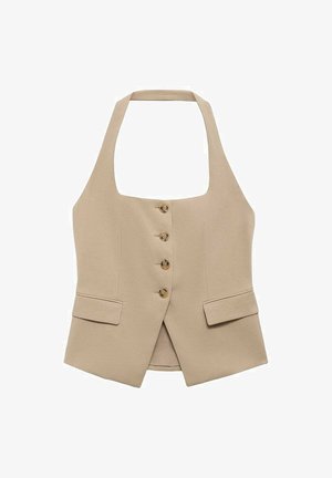 Chaleco beige de cuello halter con forma ajustada, cierre de cinco botones y dos bolsillos frontales. Fabricado en una tela suave con un acabado limpio.