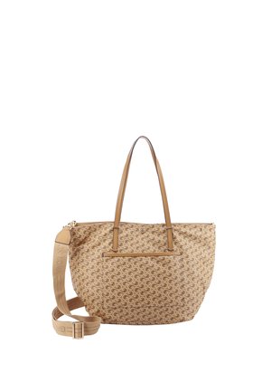 Borsa tote beige con motivo ripetuto del logo curvo, tasca frontale, manici in pelle color cuoio e tracolla in tessuto regolabile con il nome del marchio.