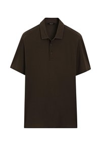 Mörkbrun kortärmad polo med krage och tre knappar på placket, visad mot en vit bakgrund.