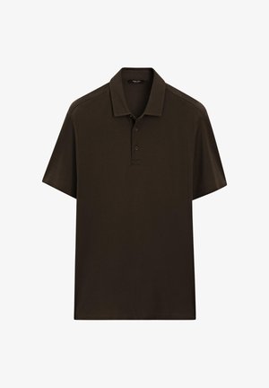 Dark brown short-sleeve polo shirt with a collar and three buttons on the placket, displayed on a white background.