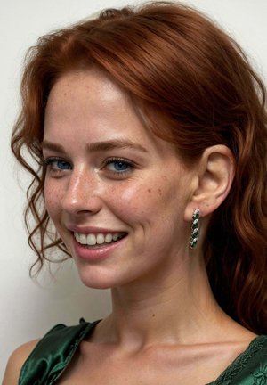 Silver hoop earring with three green gemstones. Curved design with a shiny texture. Model features red curls and fair skin.