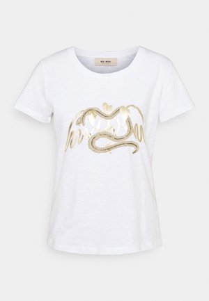 Hvid bomulds t-shirt med et guld slangegrafik og hjerte motiv på fronten. Korte ærmer og rund halsudskæring.