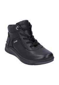 Bottines noires en cuir lisse, avec un bout rond, un laçage à l'avant et une doublure douce. Comprend des œillets en métal et une semelle texturée.
