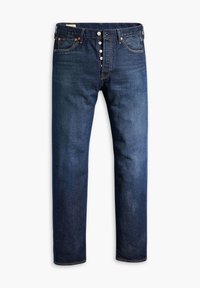 Jeans de mezclilla azul oscuro con cierre de botones, diseño de cinco bolsillos y corte recto sobre un fondo blanco.