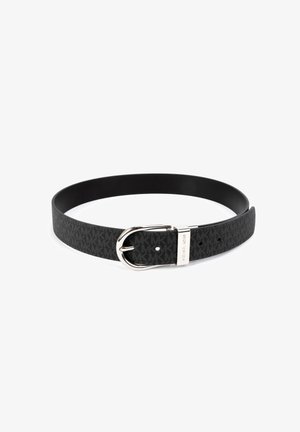 Cintura in pelle nera con texture a motivo, fibbia in metallo argento e cinturino regolabile con diversi fori per la misura.