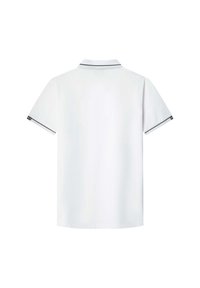 Bílá polo tričko s krátkým rukávem a černým lemem na límci a okrajích rukávů, zobrazené ze zadní strany na bílém pozadí.