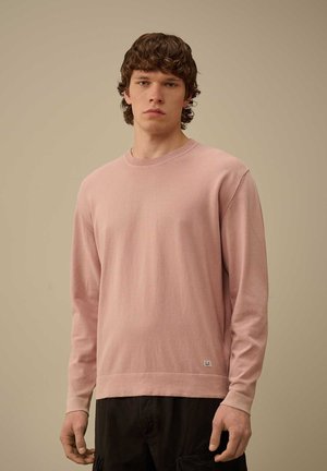 Felpa a maniche lunghe rosa chiaro con scollatura rotonda, vestibilità comoda, polsini a coste e un piccolo logo del marchio sul lato sinistro in basso.