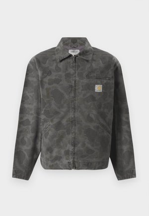 Gray jacket featuring a subtle camouflage pattern, zip closure, point collar, and a chest pocket with a logo patch. Smooth fabric texture.