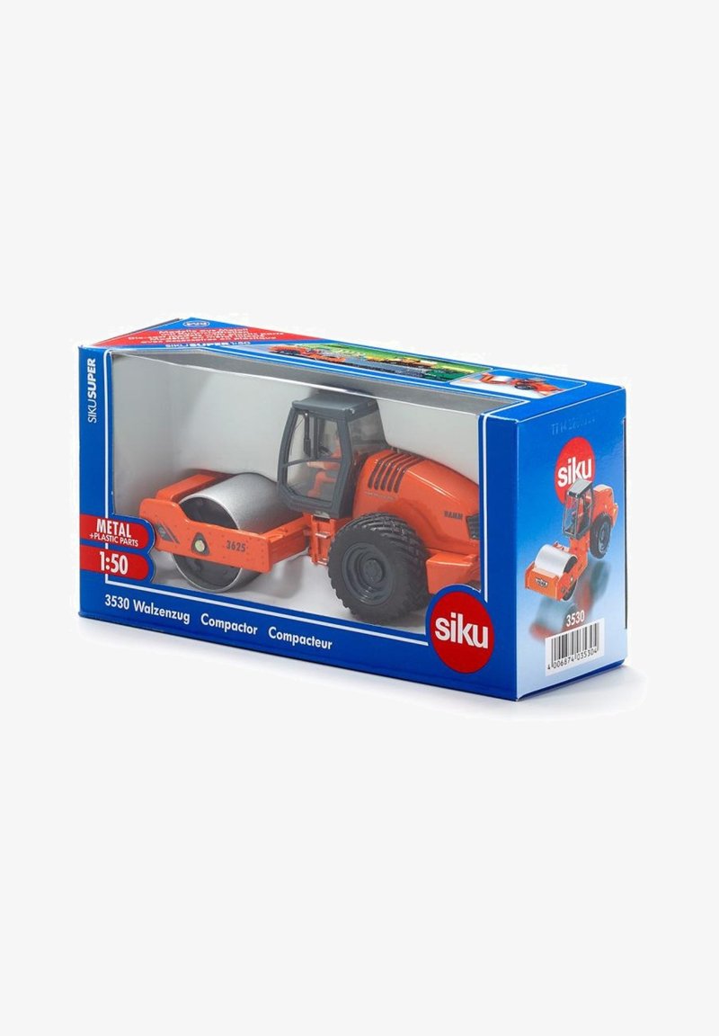 Model compactor in orange and gray, featuring a metal body, plastic parts, detailed wheels, and a clear plastic display case. 1:50 scale.