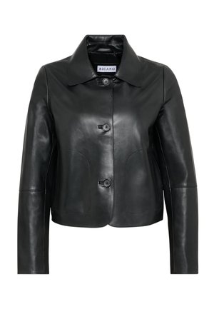 Zwarte cropped leren jas met drie knopen, brede kraag, lange mouwen en twee opgestikte zakken aan de voorkant.