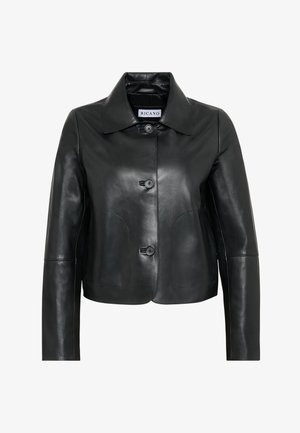 Zwarte cropped leren jas met drie knopen, brede kraag, lange mouwen en twee opgestikte zakken aan de voorkant.