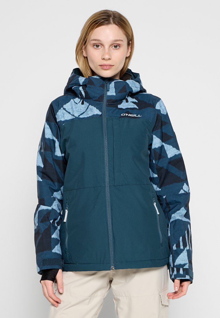 Türaqua- und marineblauer Jacke mit geometrischem Muster, Reißverschluss, verstellbare Kapuze, Seitentaschen und kontrastierendem Ärmeldesign. Robustes Material.