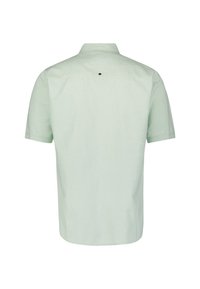 Korte mouw shirt van lichtgroene stof met een gladde textuur, met een klassieke kraag en een kleine zwarte accentknop aan de achterkant.