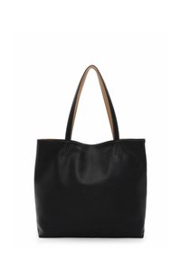 Sac fourre-tout en cuir noir avec une finition texturée, caractérisé par un dessus incurvé, deux poignées robustes et un intérieur clair contrastant.