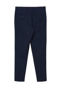 Pantaloni a quadri blu navy con vestibilità slim, dotati di due tasche posteriori con bottone, texture liscia e dettagli sartoriali.