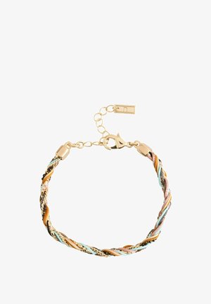 Geflochtenes Armband mit karabinerverschluss in Goldoptik und Verlängerungskette, mit verflochtenen Strängen in Gold-, Orange-, Hellblau- und Rosatönen.