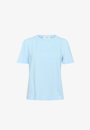 T-shirt en coton bleu clair avec un col rond, des manches courtes et un ourlet droit. Texture douce, sans motifs ni ornements visibles.