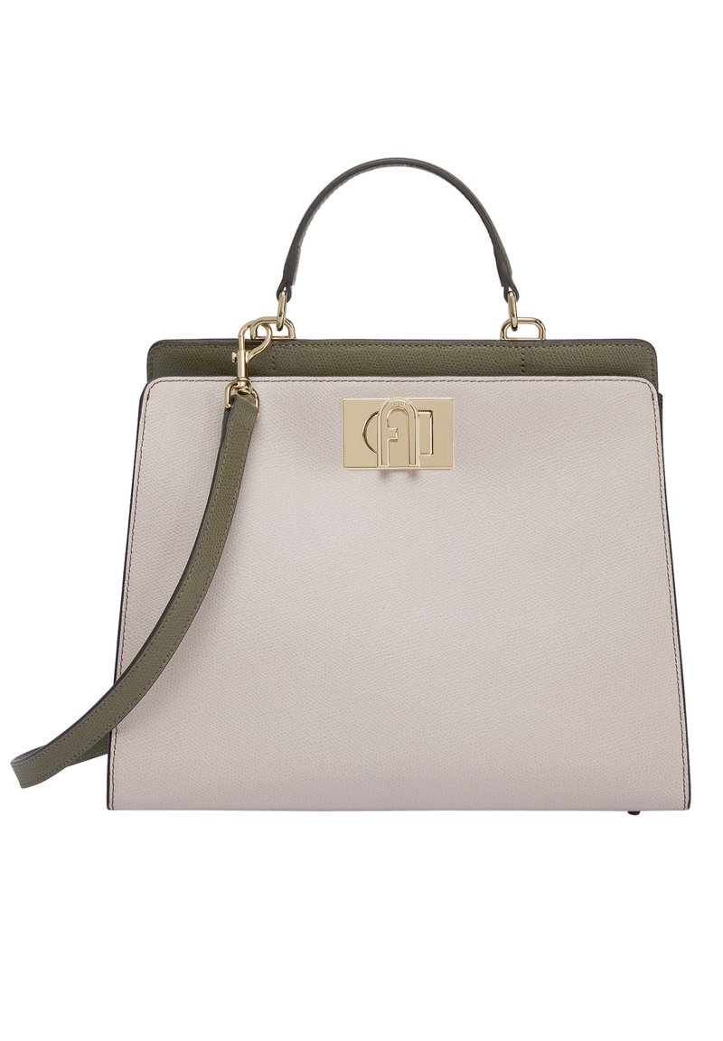 Usztywniana torebka ze skóry w jasnobeżowym kolorze z oliwkowozielonymi akcentami. Posiada uchwyt górny, odpinany pasek na ramię oraz złote okucia.