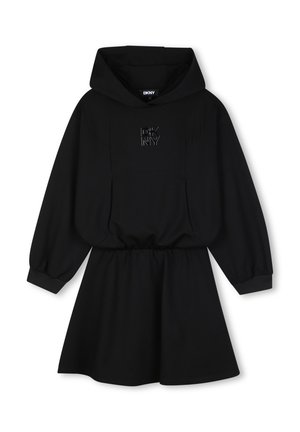 Robe à capuche noire à manches longues avec taille élastique et logo DKNY sur la poitrine, dotée d'une capuche et de manches avec poignets.