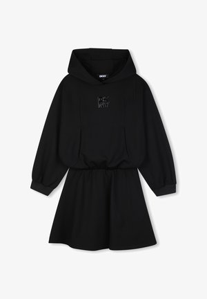 Robe à capuche noire à manches longues avec taille élastique et logo DKNY sur la poitrine, dotée d'une capuche et de manches avec poignets.