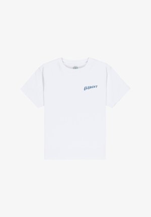 Witte T-shirt met korte mouwen en een klein blauw "ELEMENT" logo op de linker borst, plat gelegd op een witte achtergrond.
