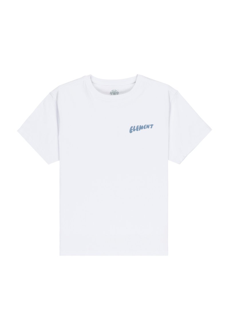 T-shirt blanc à manches courtes avec un petit logo bleu "ELEMENT" sur la poche gauche, posé à plat sur un fond blanc.