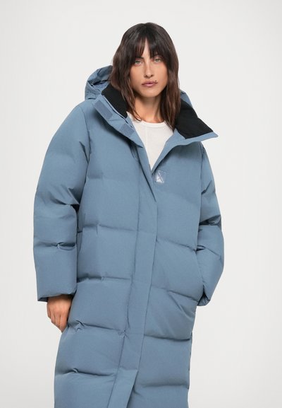 Light blue puffer coat with a hood, featuring a quilted design and black lining. Long sleeves and a front opening for ease of wear.