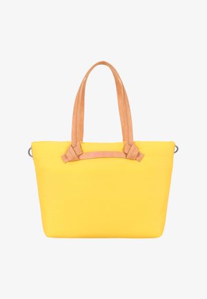 Yellow tote bag with wide rectangular shape and tan double handles attached with knots, shown against a white background.